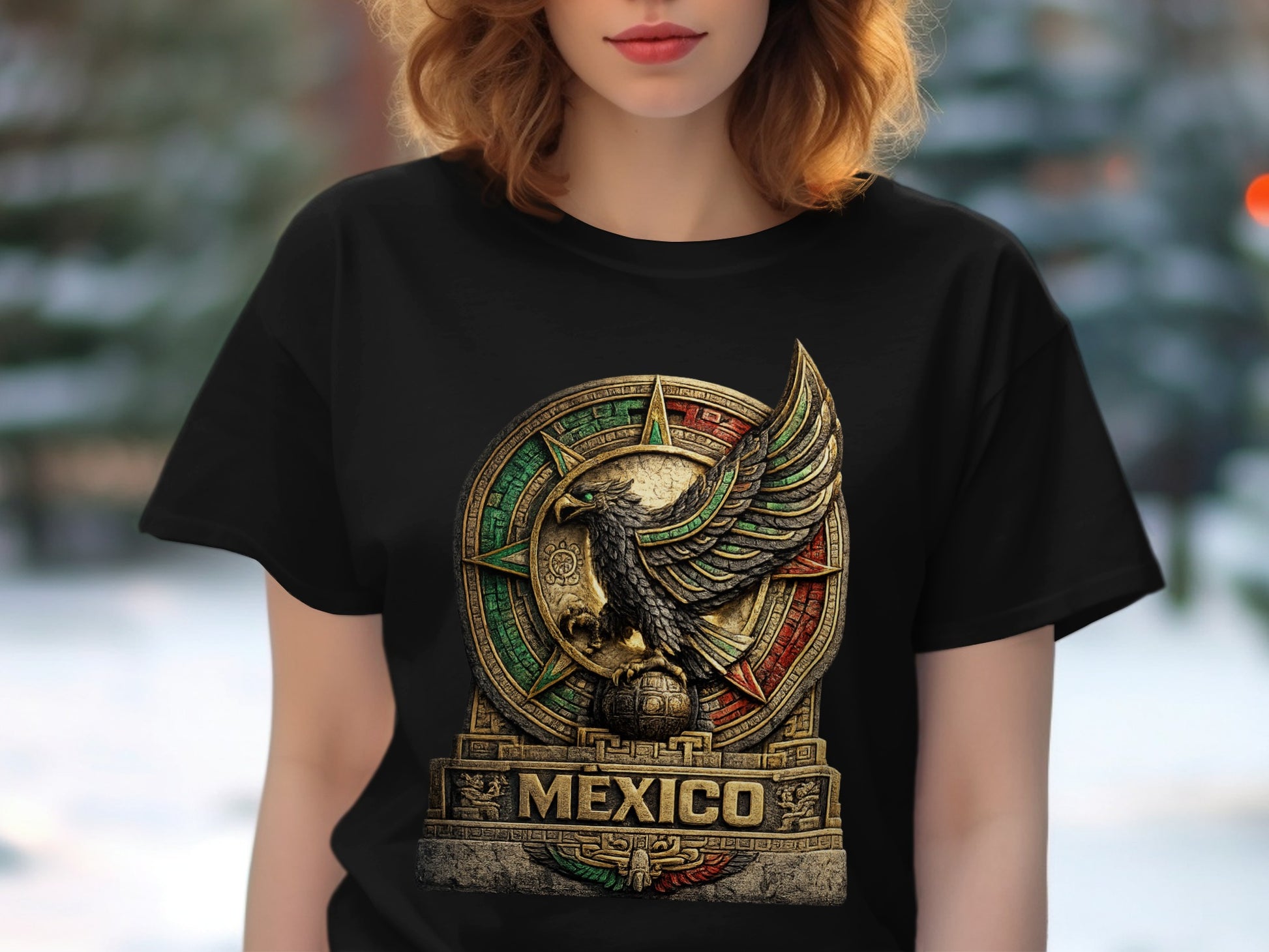 Black t-shirt with a circular emblem featuring an eagle and the word "MEXICO."