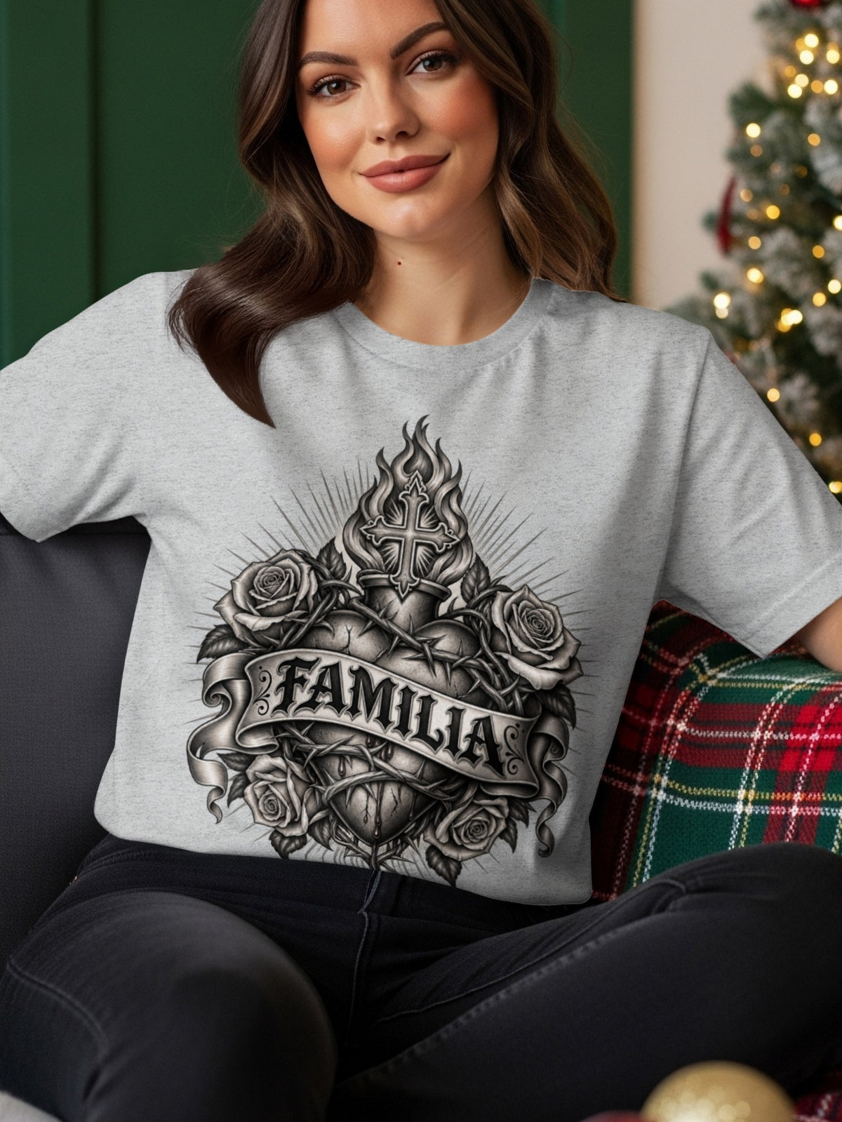 Gray t-shirt with a black and white graphic of a flaming heart with roses and "FAMILIA" banner.