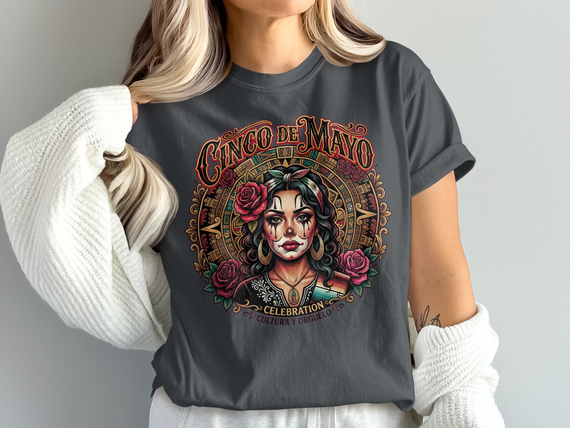 Cinco de Mayo graphic t-shirt with woman in colorful makeup and ornate frame.