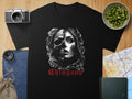 Black t-shirt featuring a skull and face design with the word 