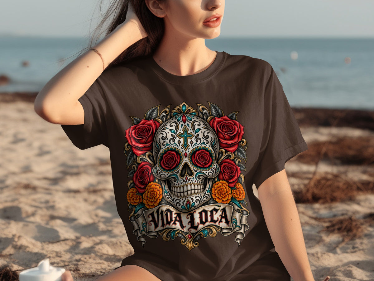 Brown t-shirt with a decorated sugar skull and "Vida Loca" text.