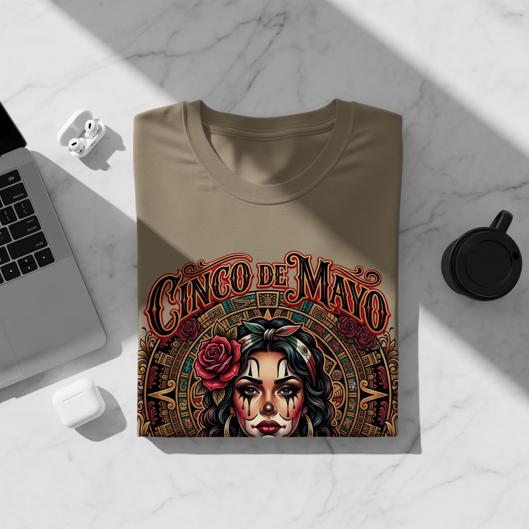 Cinco de Mayo t-shirt featuring a woman's face with traditional makeup and a rose.