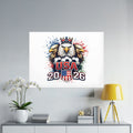 USA 2026 graphic with eagles, soccer balls, and crown.