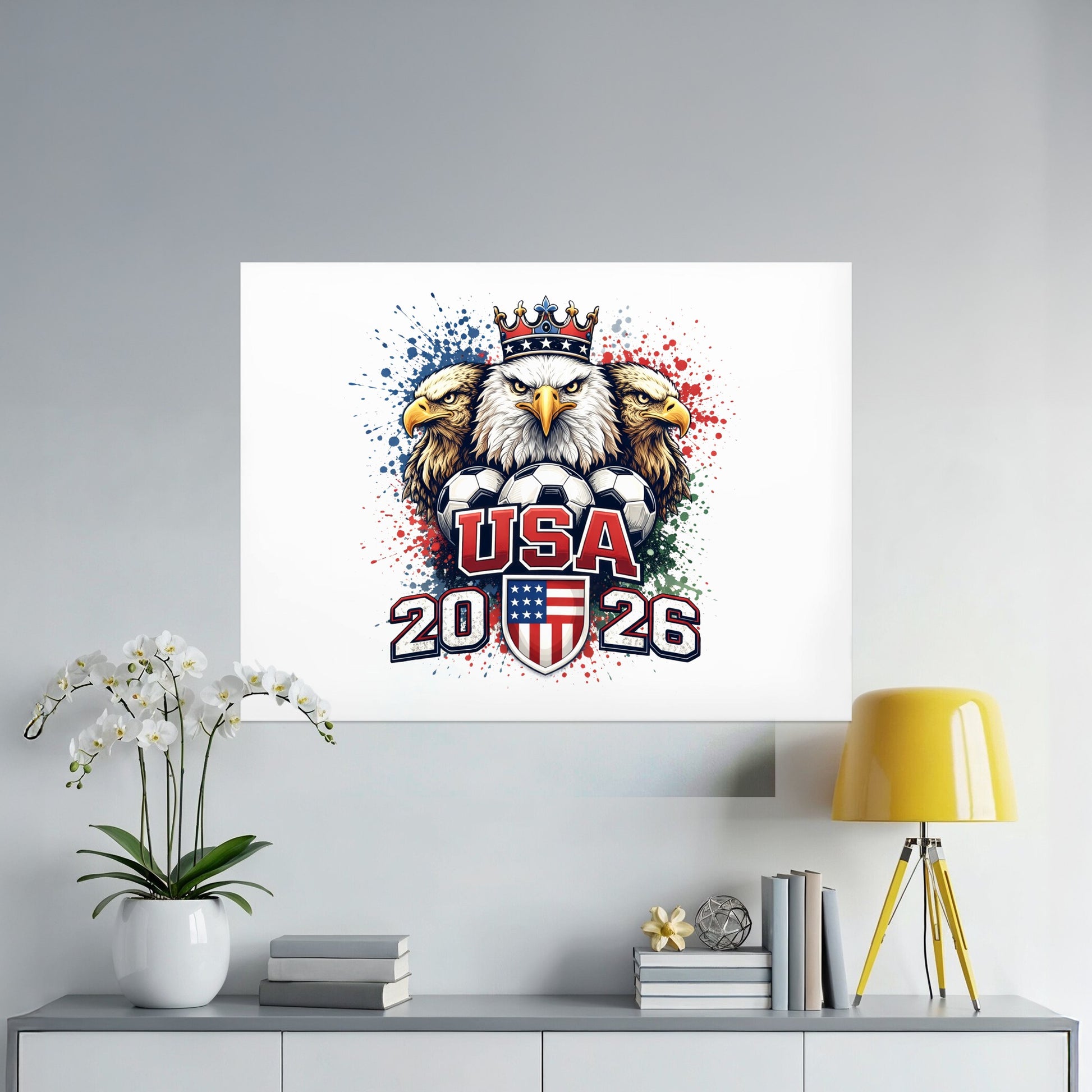 USA 2026 graphic with eagles, soccer balls, and crown.
