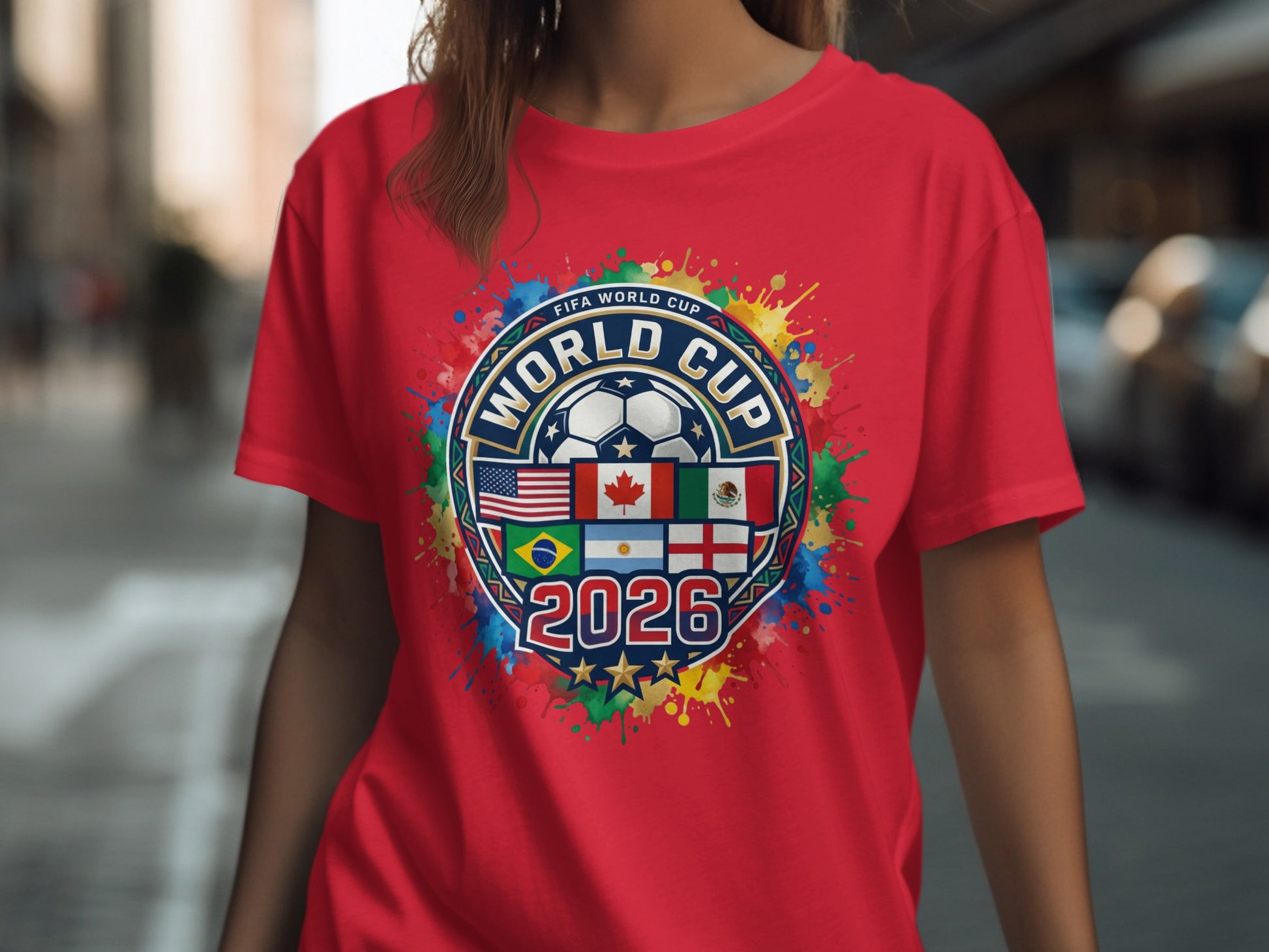Red t-shirt with FIFA World Cup 2026 logo featuring national flags.