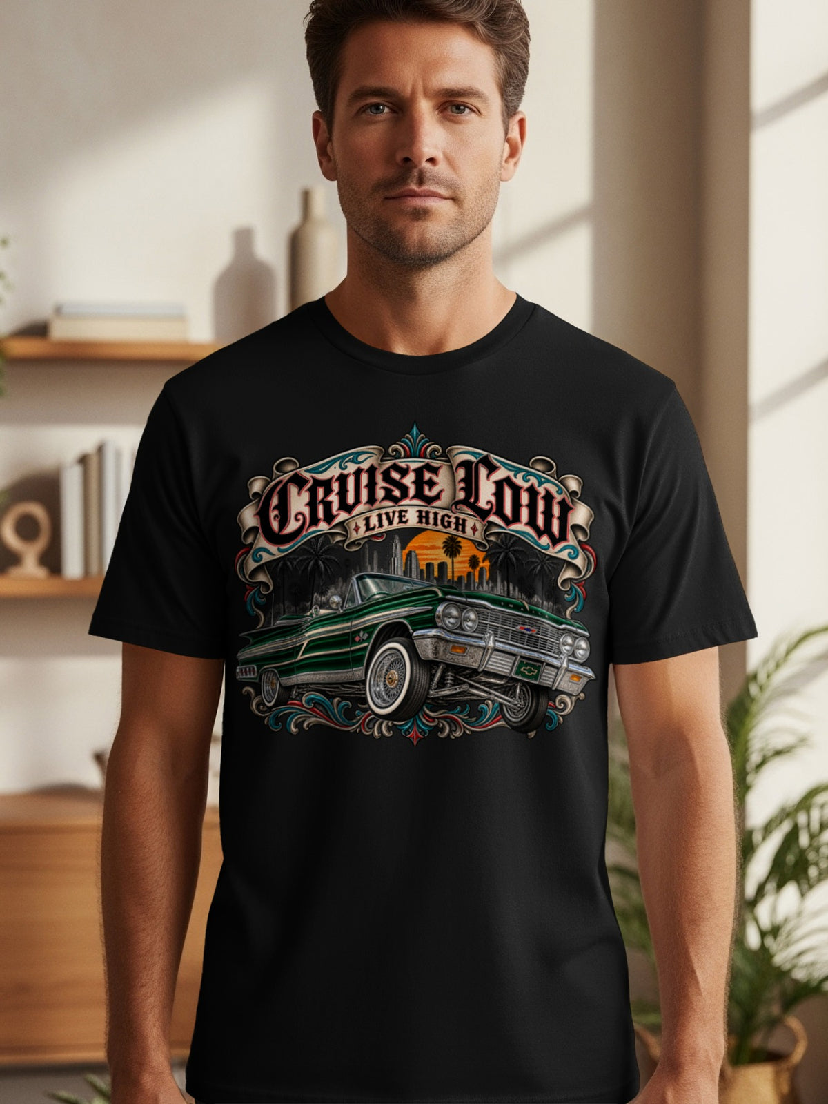Black t-shirt with "CRUISE LOW LIVE HIGH" text and green classic car.
