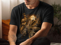Man wearing black t-shirt with vintage lowrider and palm tree graphic.