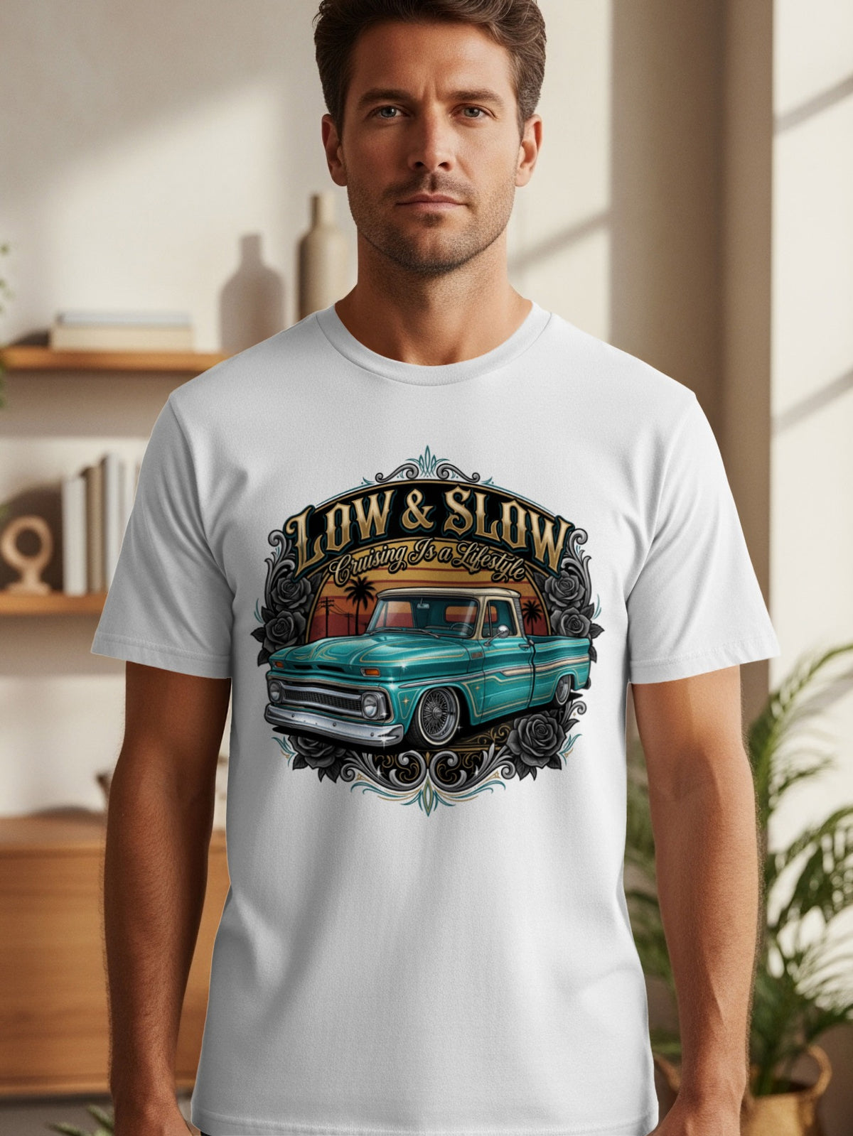 Turquoise lowrider truck graphic with "Low & Slow Cruising Is a Lifestyle" text.