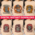 Six t-shirt designs featuring skulls with beards and the text 