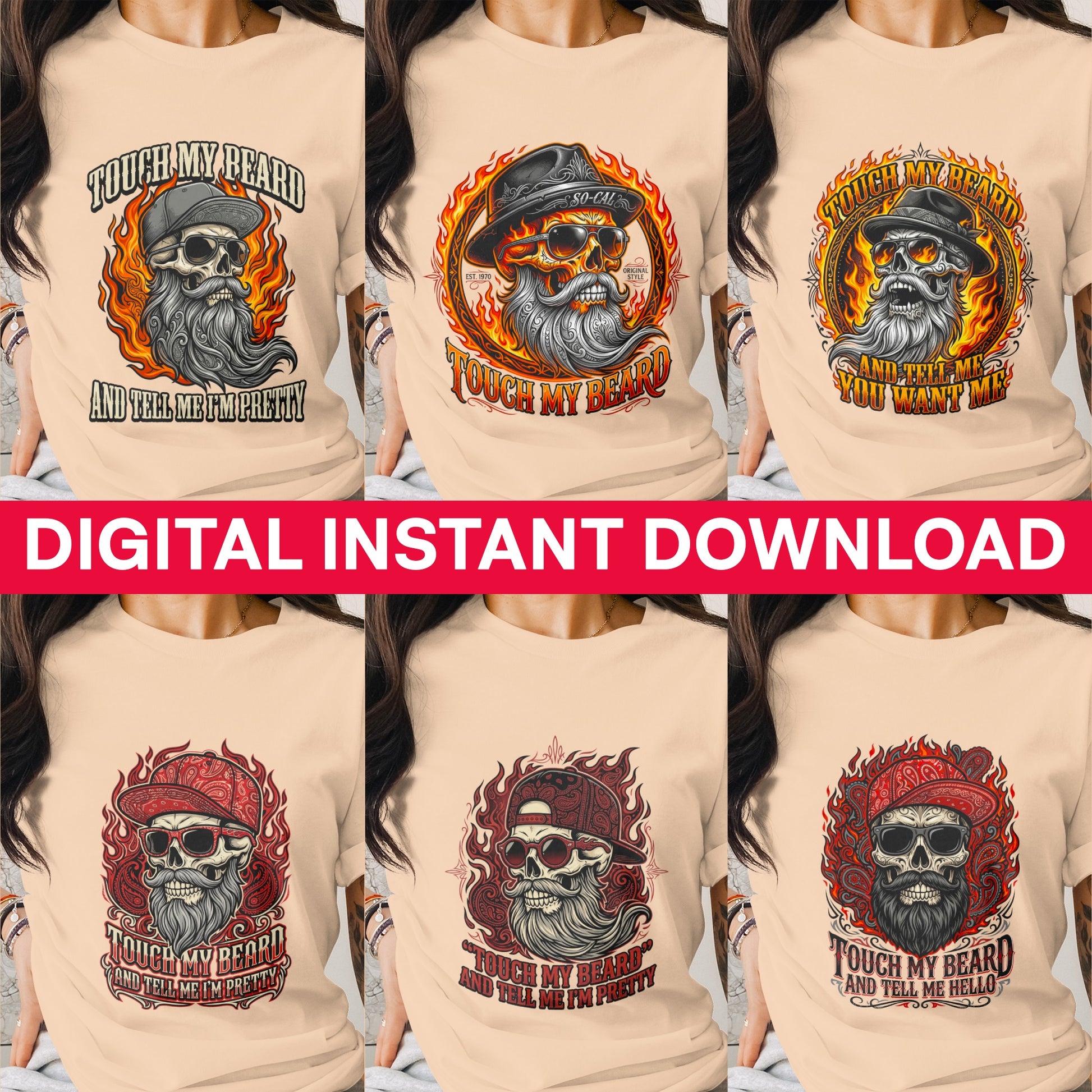 Six t-shirt designs featuring skulls with beards and the text "Touch My Beard".