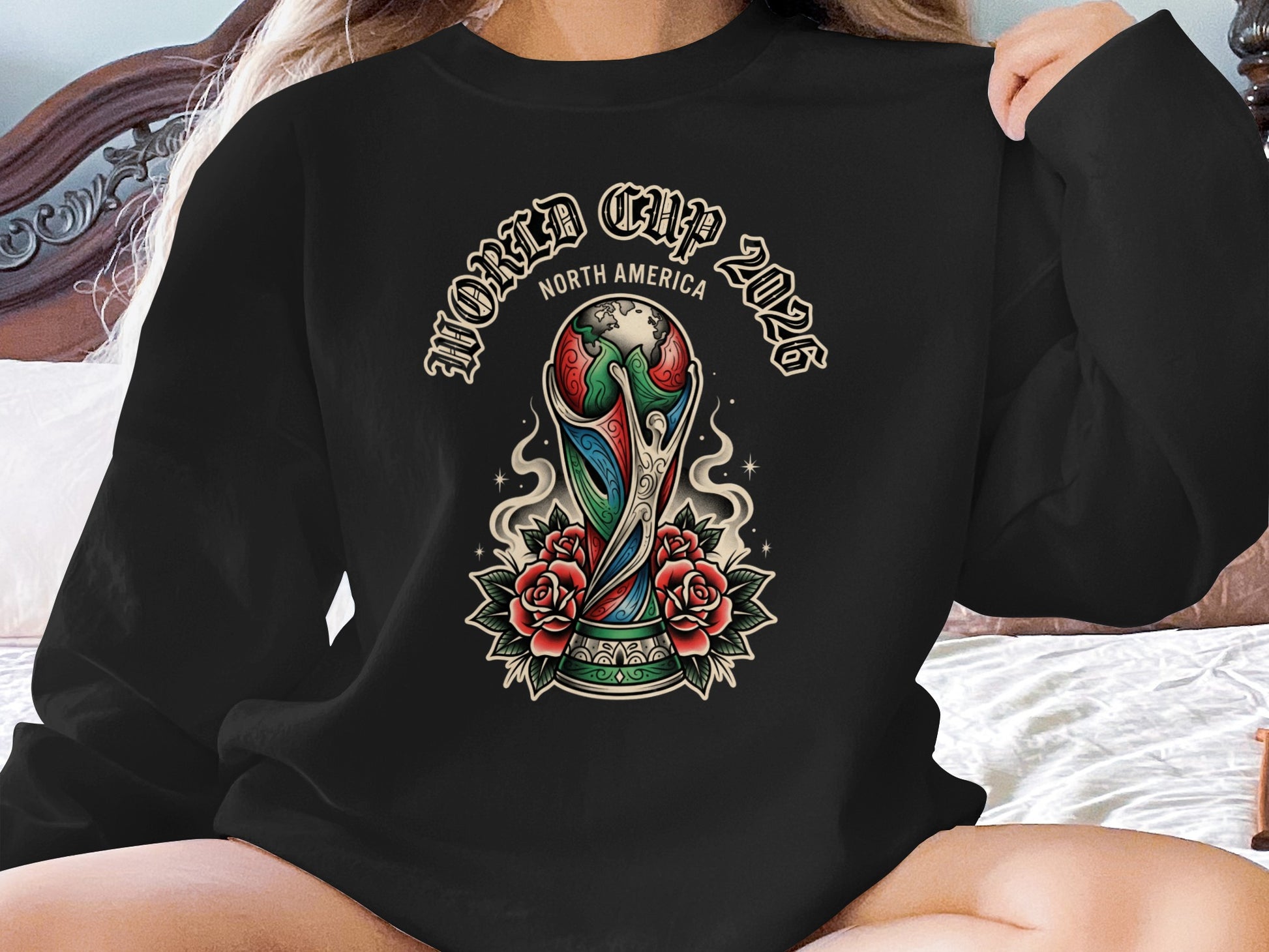 World Cup 2026 North America trophy with roses and colorful flames.