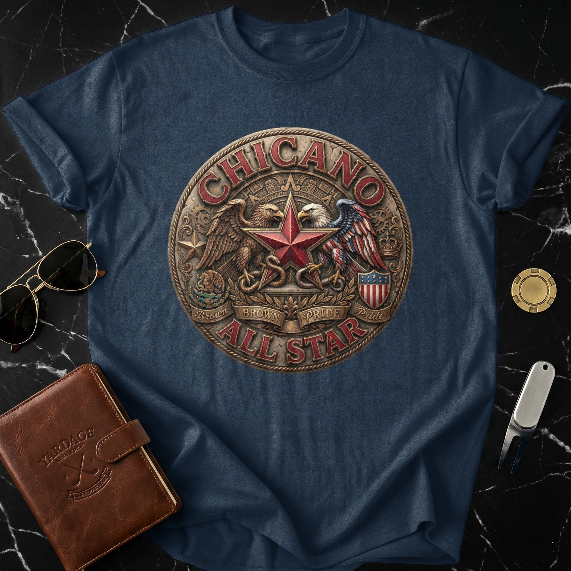 Navy t-shirt with "Chicano Brown Pride All Star" circular emblem featuring eagle and stars.