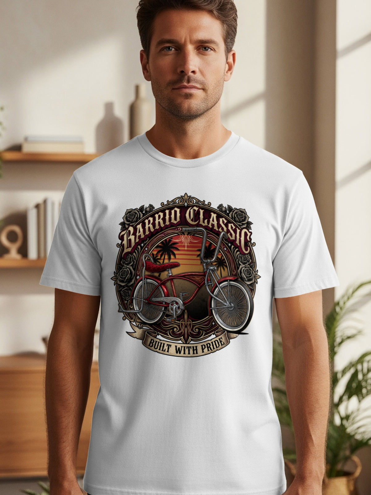 Barrio Classic t-shirt with red lowrider bicycle graphic and sunset palm trees.