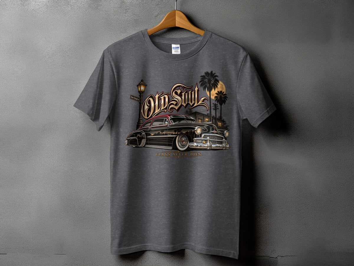 Dark grey t-shirt graphic with vintage car, palm trees, and "Old Soul" text.
