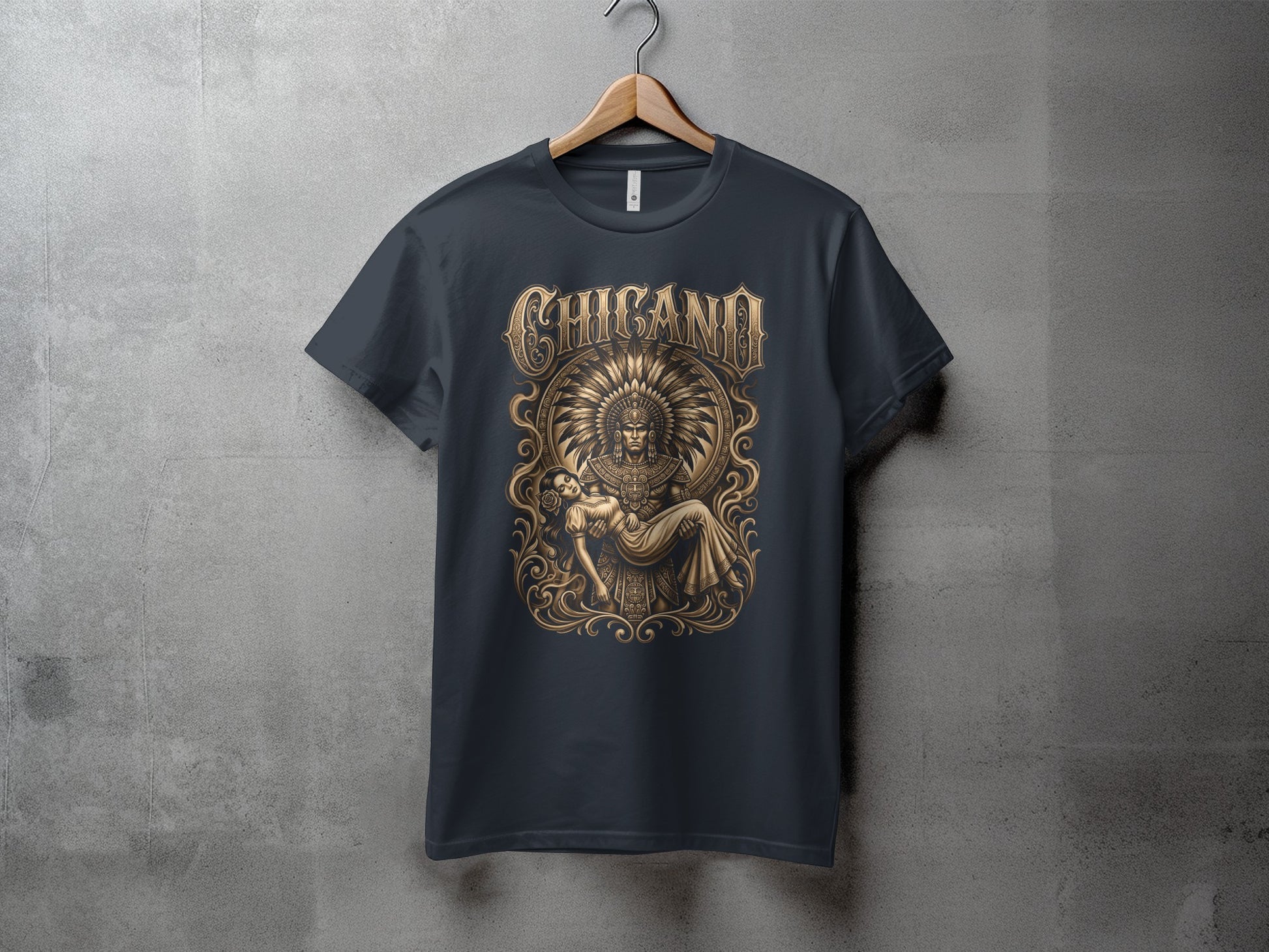 Dark t-shirt with Chicana graphic of a woman holding a person.