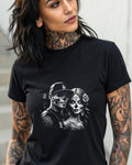 Black t-shirt with a skull and woman design, LA logo.