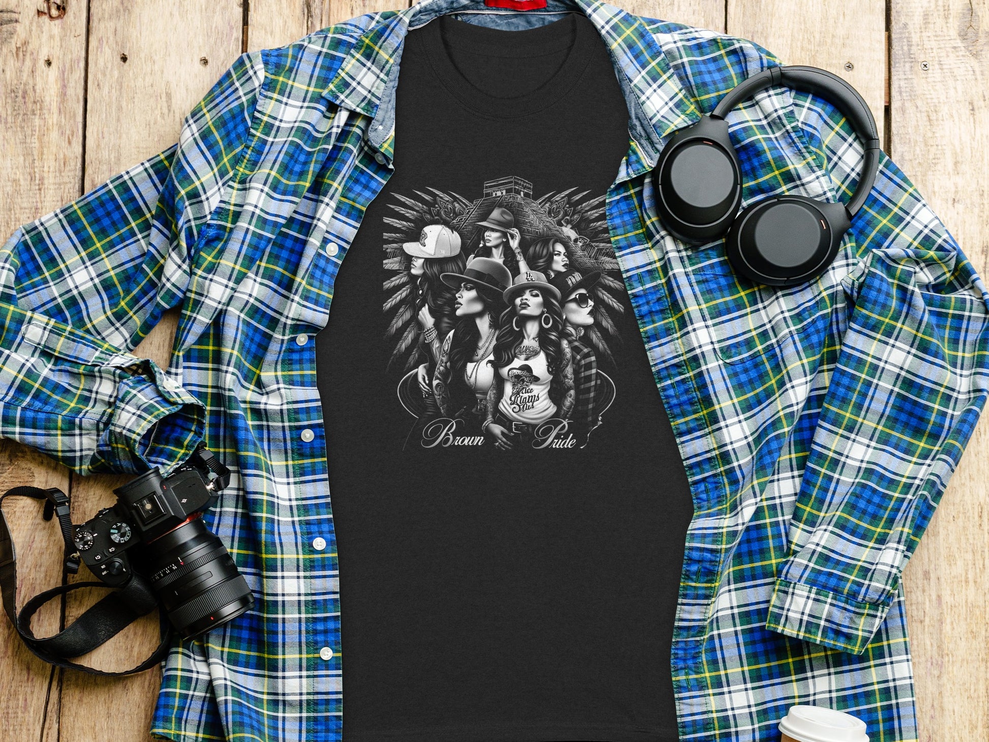 Black t-shirt with brown graphic of women and "Brown Pride" text.