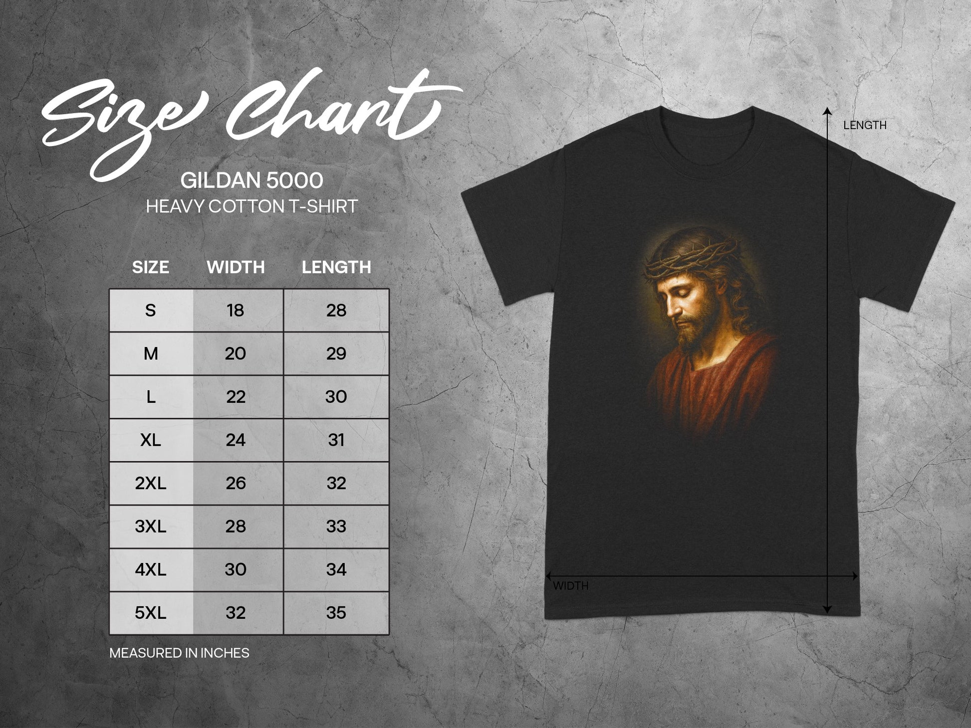 Gildan 5000 t-shirt size chart with dimensions for width and length.