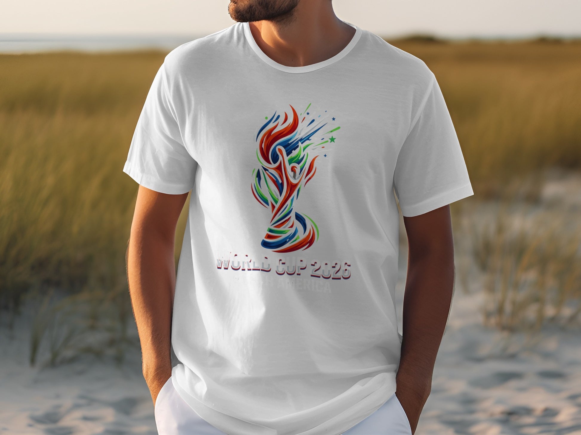 White t-shirt with colorful World Cup 2026 graphic and text.