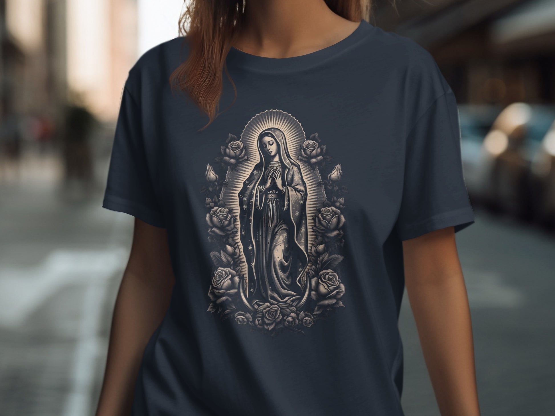 Dark t-shirt with a detailed depiction of the Virgin Mary surrounded by roses.