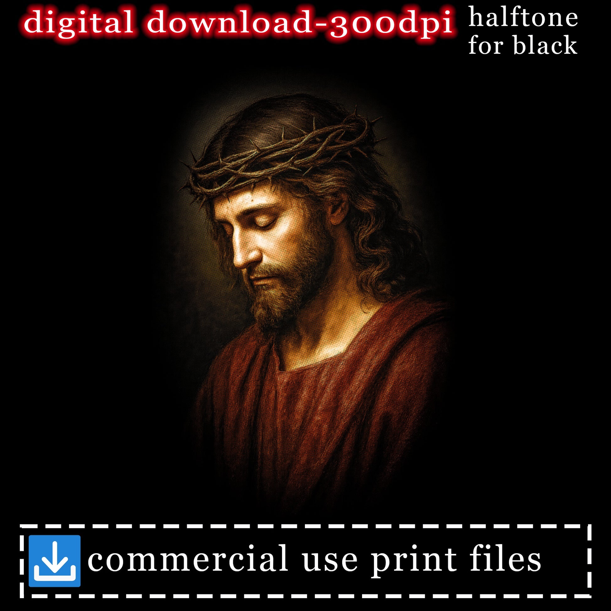 Jesus Christ wearing a crown of thorns, digital download for commercial use.