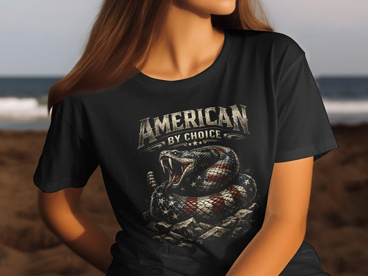 Black t-shirt with snake and American flag design, "American By Choice" text.
