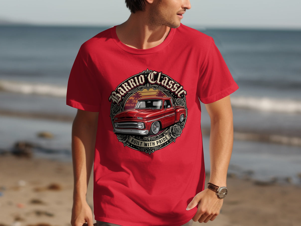 Red t-shirt with classic red truck and "Barrio Classic Built with Pride" text.