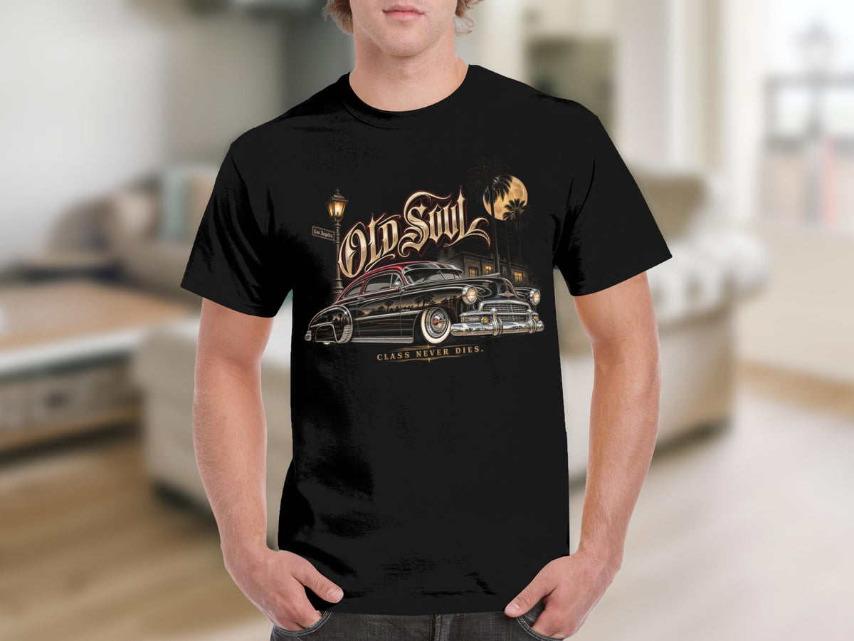 Black t-shirt with "Old Soul" and a classic car graphic.