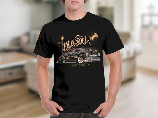 Black t-shirt with "Old Soul" and a classic car graphic.