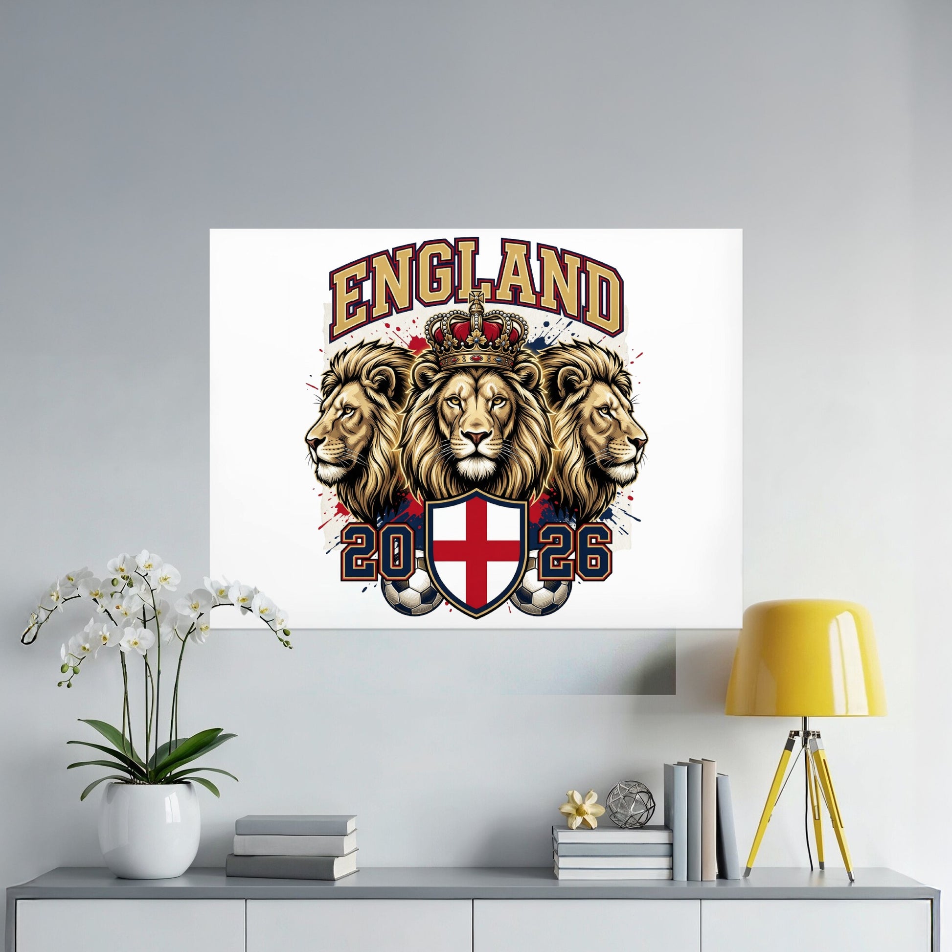 England three lions crest with crown and red and blue paint splatters.