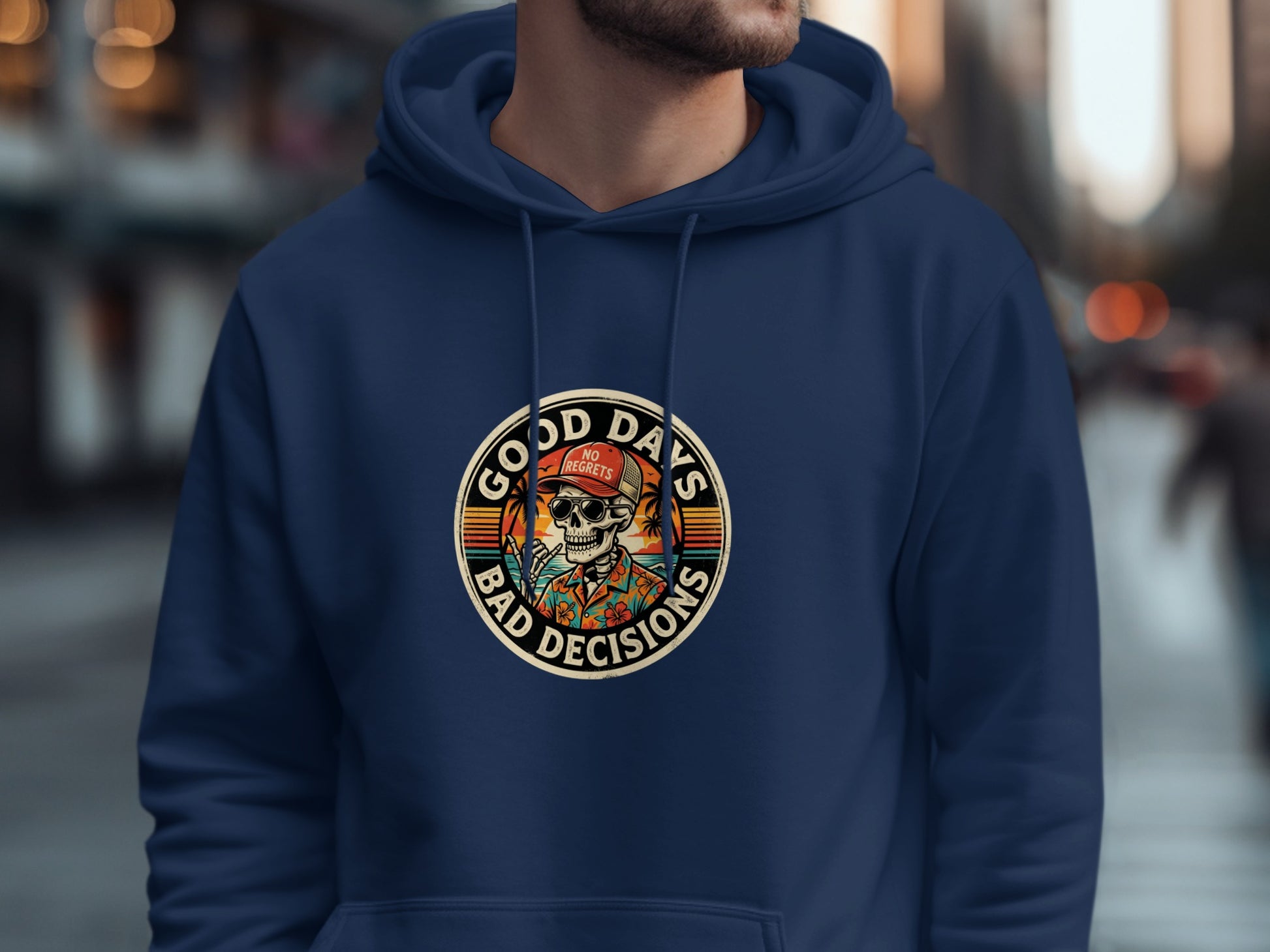 Navy hoodie with a circular graphic featuring a skeleton wearing sunglasses, text, and a beach scene.
