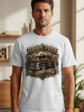 White t-shirt with brown lowrider truck, roses, and 