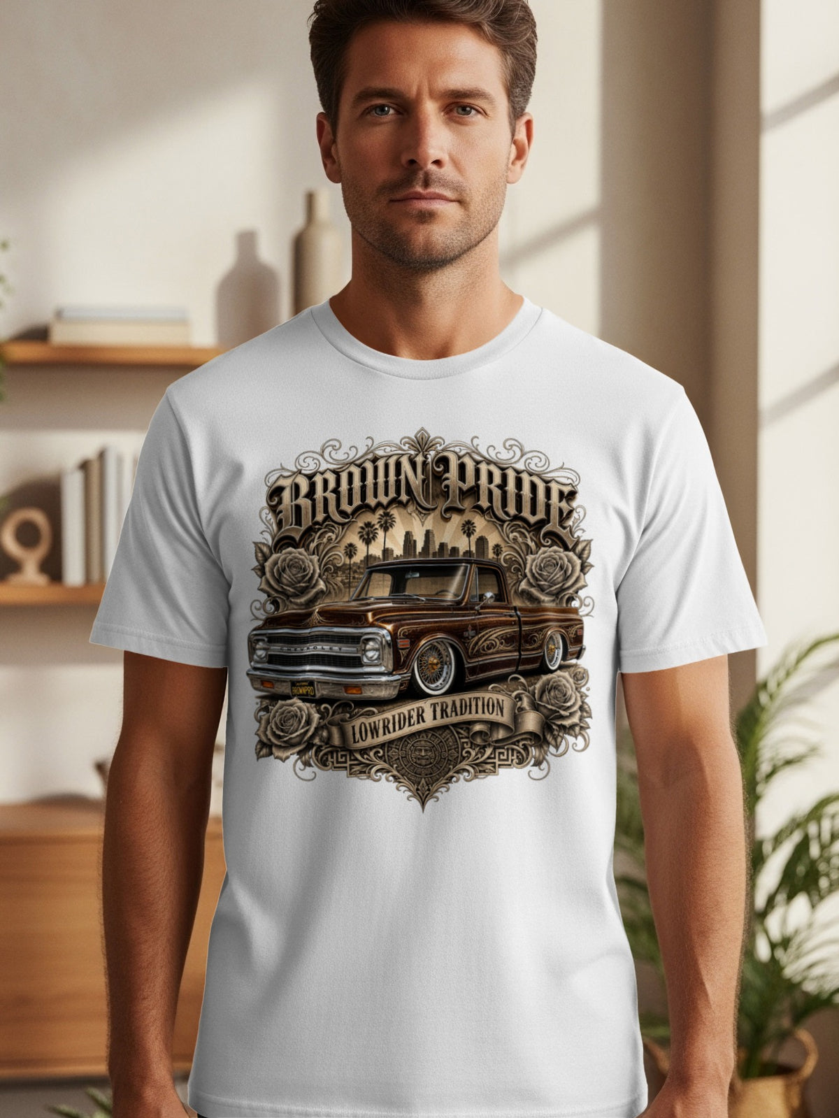 White t-shirt with brown lowrider truck, roses, and "Brown Pride Lowrider Tradition" text.