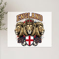 Three lions wearing crowns above a shield with a soccer ball and 