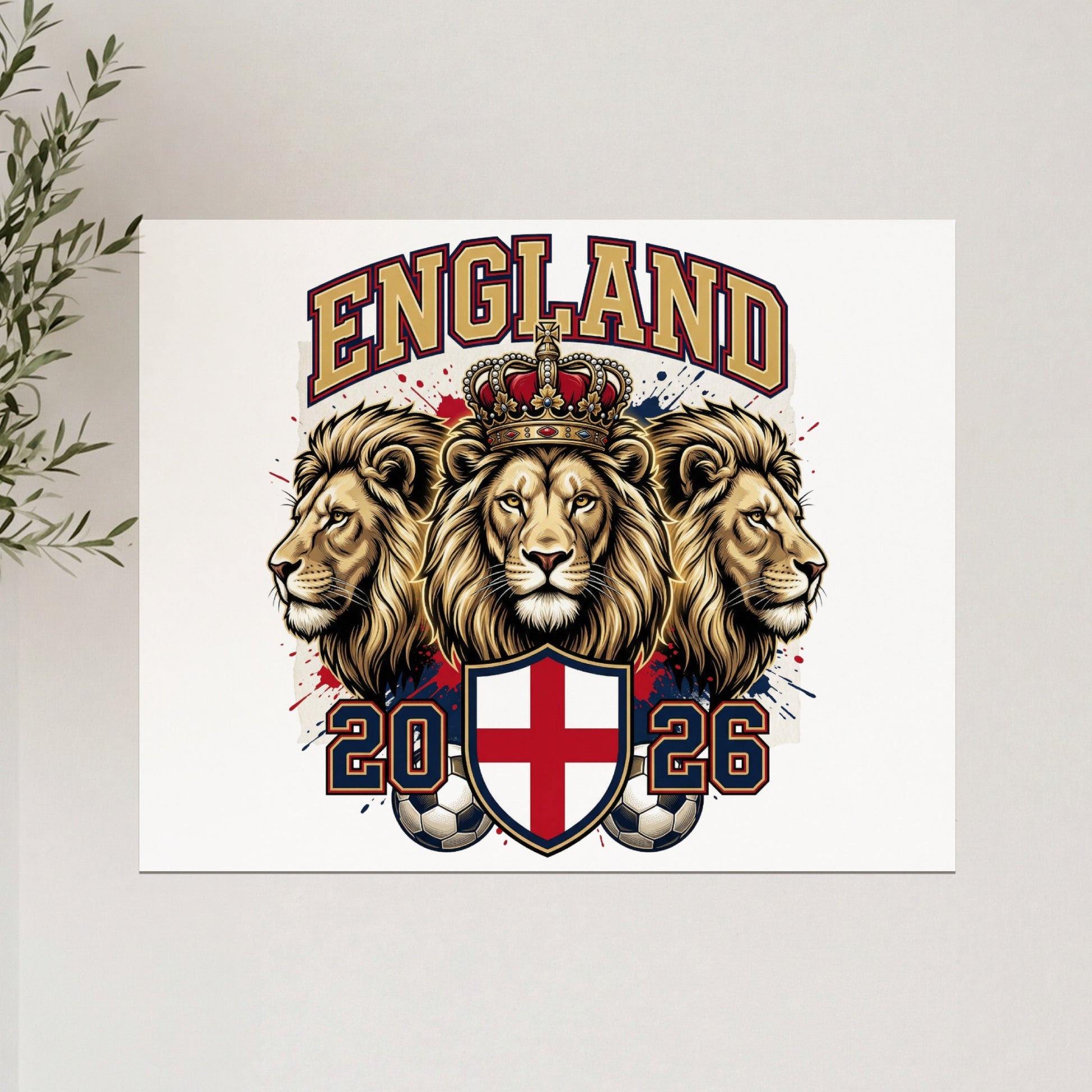 Three lions wearing crowns above a shield with a soccer ball and "ENGLAND 2026".