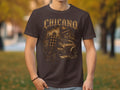 Chicano graphic t-shirt featuring a skeleton in a fedora and a classic car.