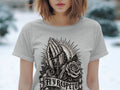 Grey t-shirt with a black and white graphic of praying hands, rosary, rose, and the words 