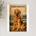 Golden Retriever dog sitting outdoors with text above.