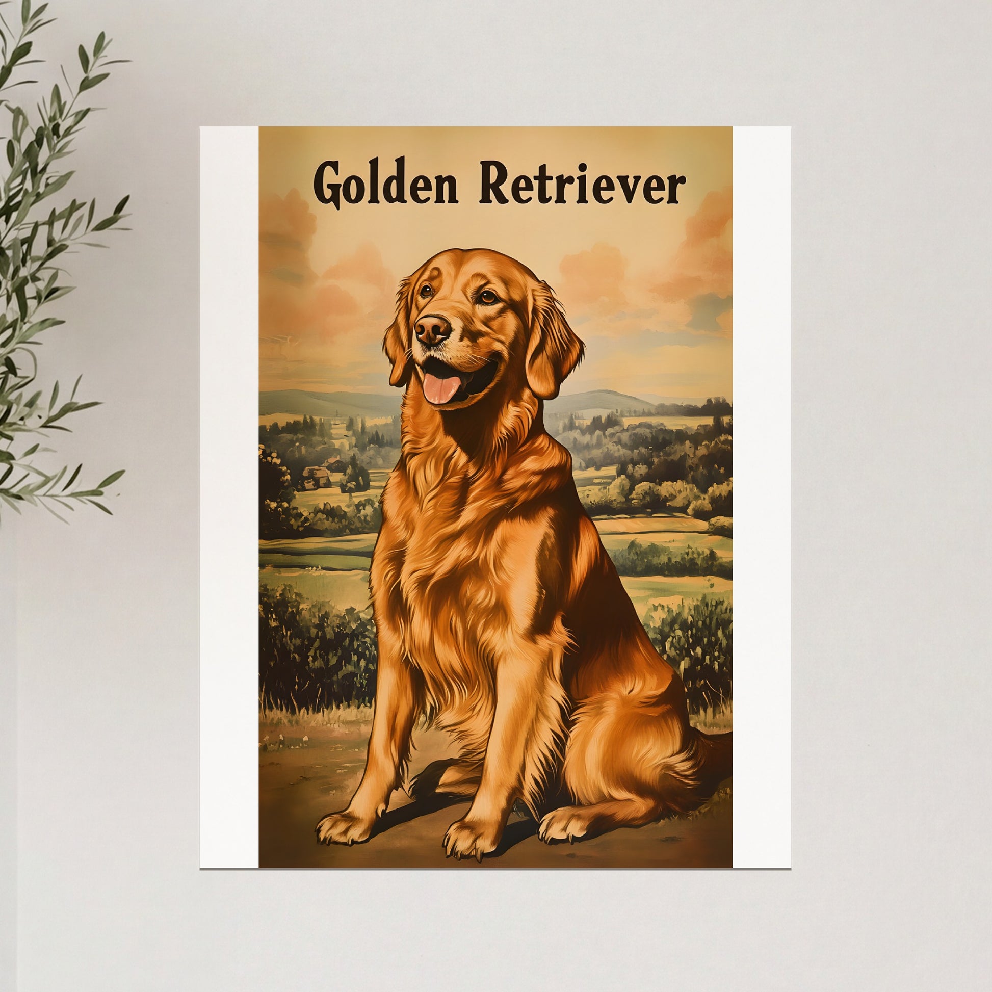 Golden Retriever dog sitting outdoors with text above.