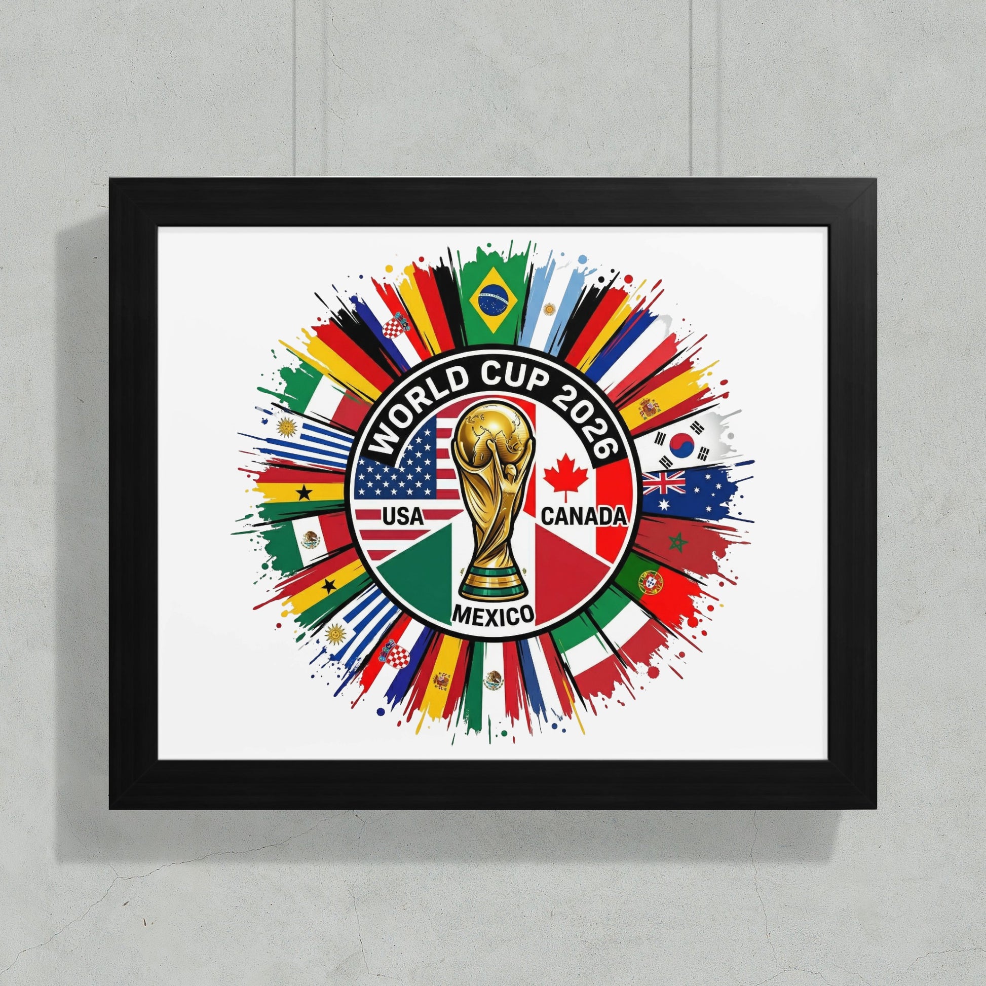 World Cup 2026 USA Canada Mexico with surrounding national flags.