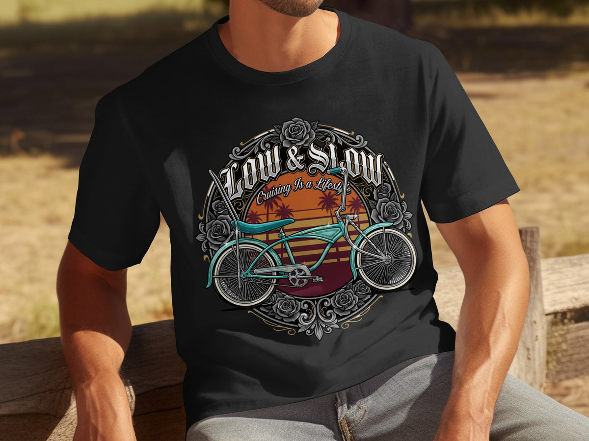 Black t-shirt with "Low & Slow Cruising Is a Lifestyle" and a bicycle graphic.