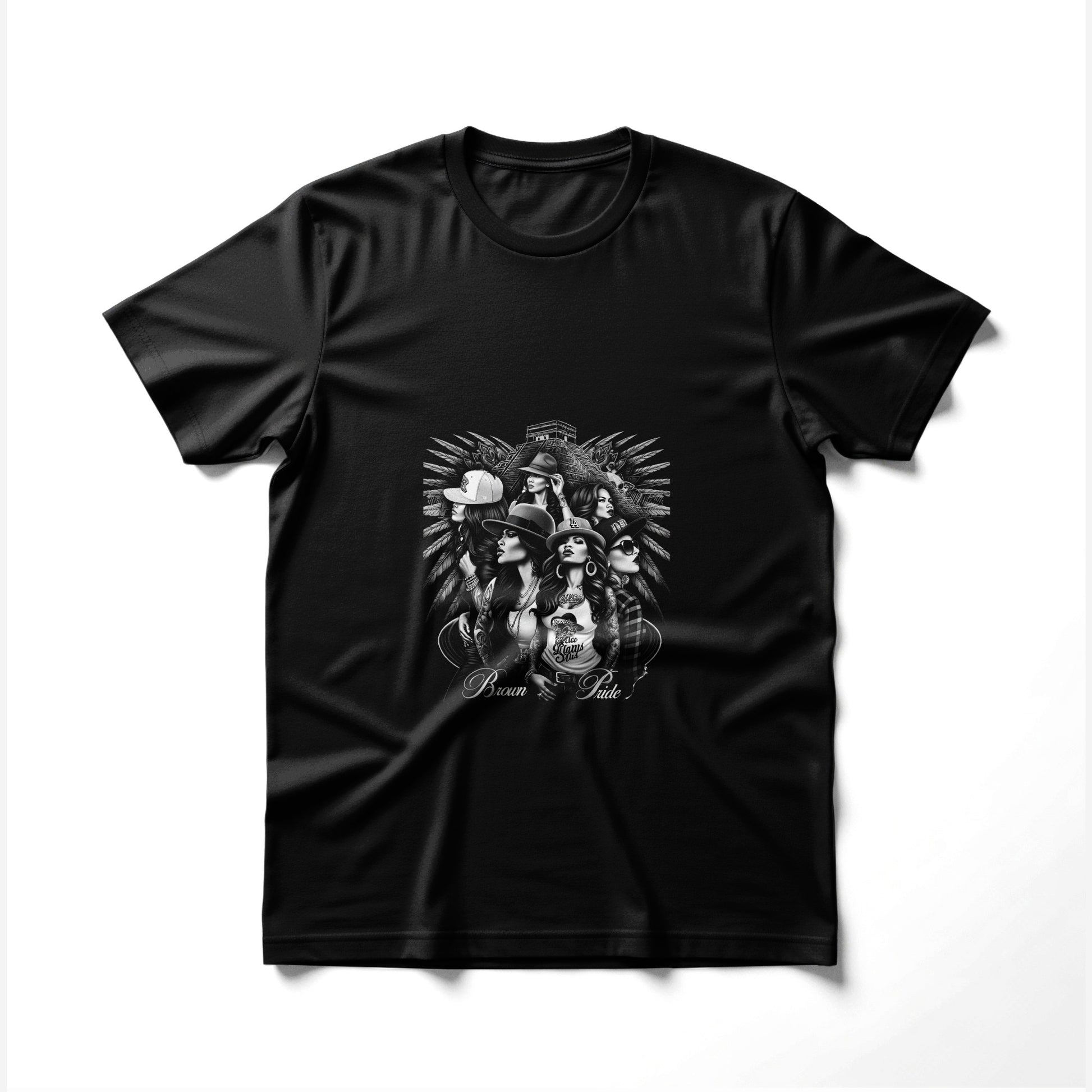 Black t-shirt with vintage-style artwork of women and "Brown Pride" text.
