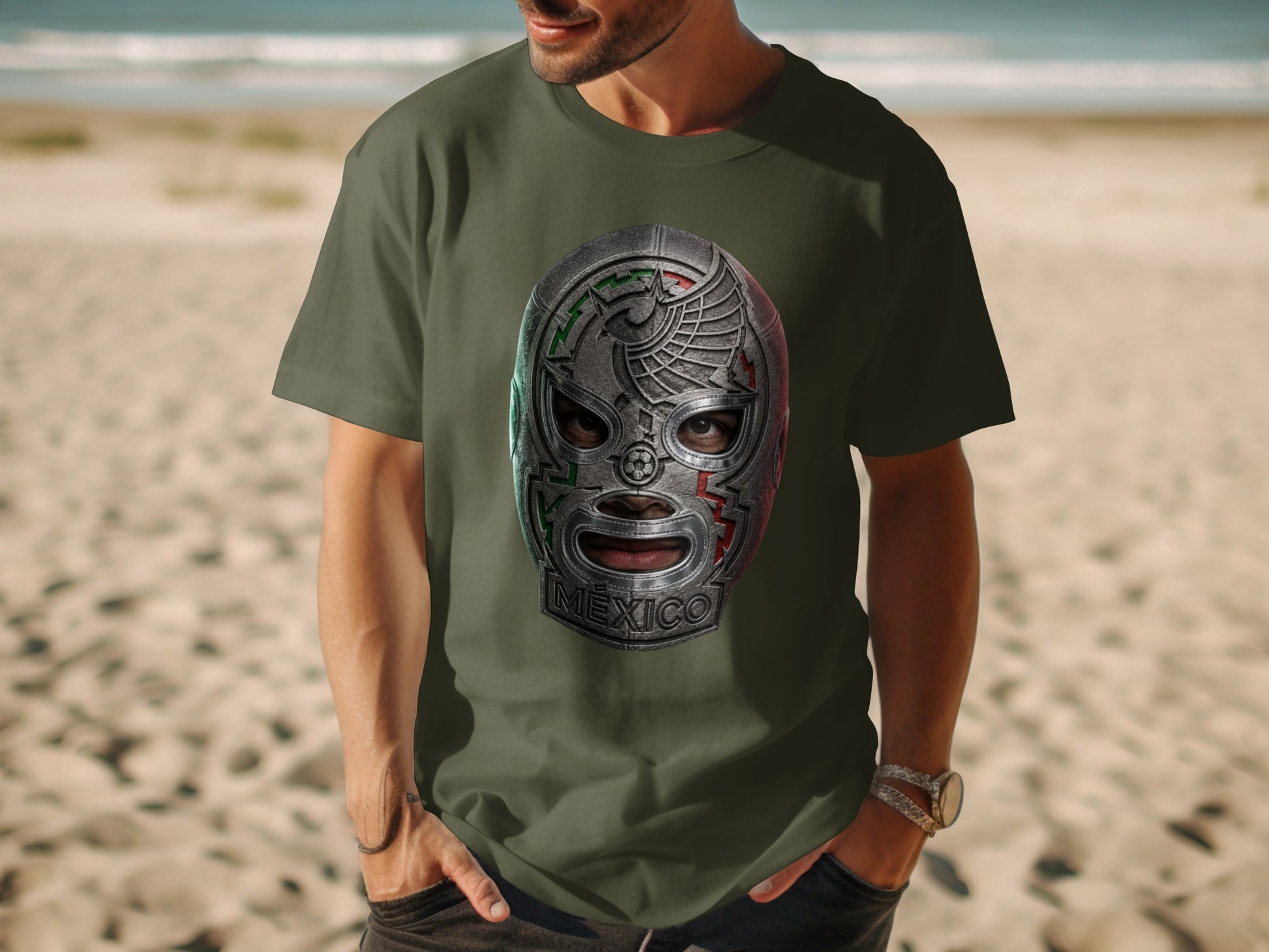 Man wearing a green t-shirt with a Mexican lucha libre mask graphic.