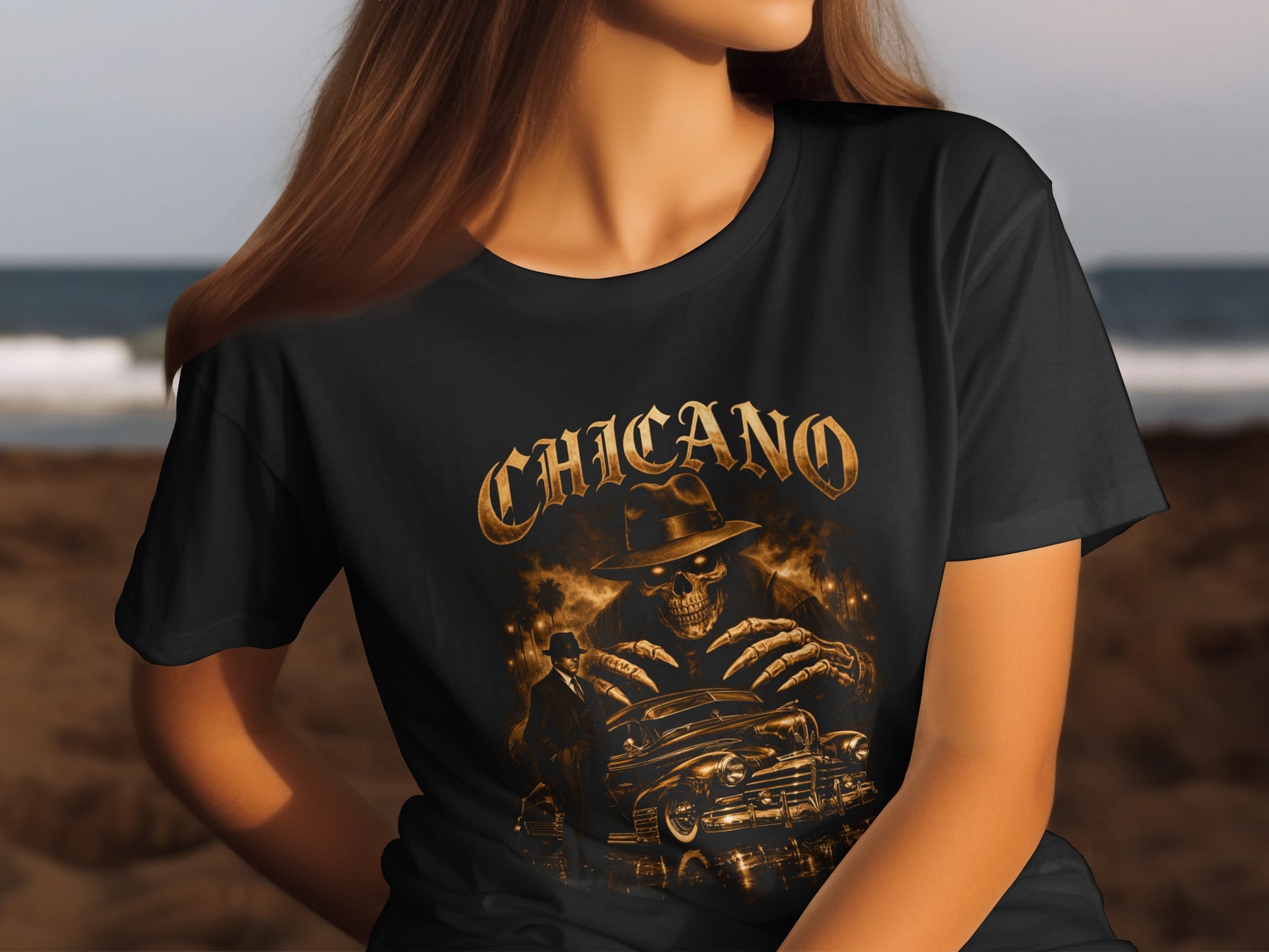 Chicano t-shirt design with a skeleton hand, vintage car, and two figures.