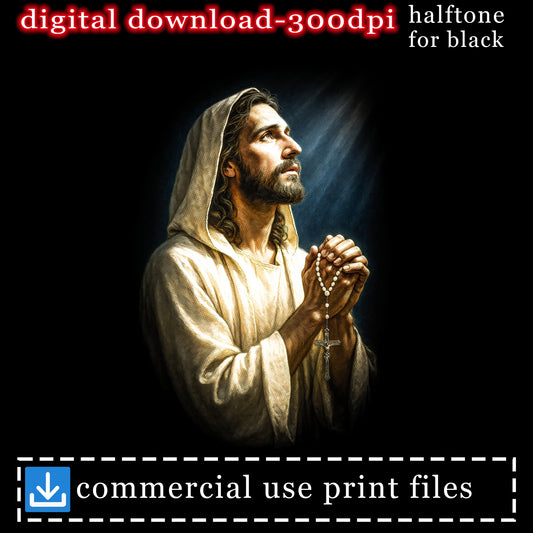 Jesus praying, holding rosary, with digital download and commercial use text.