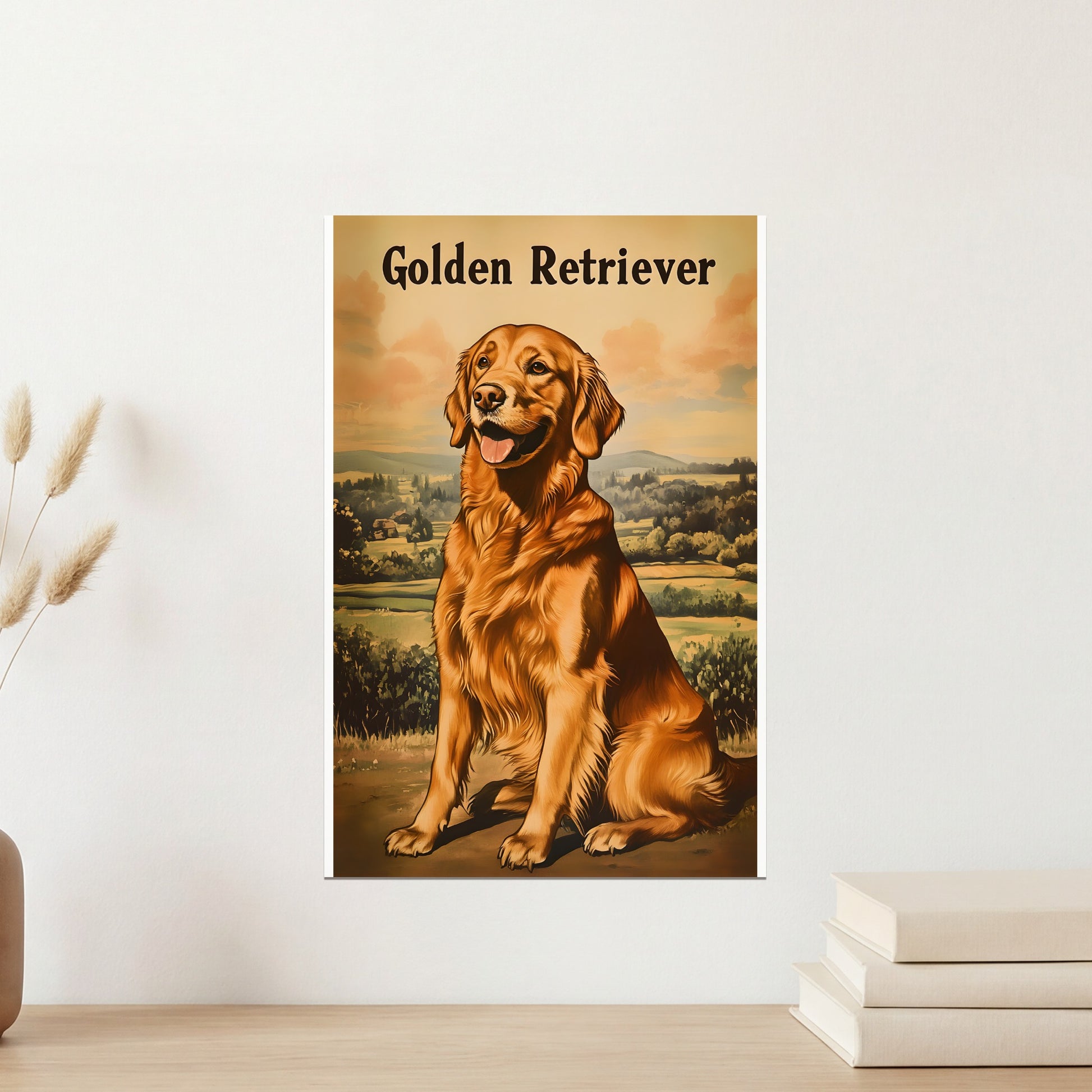 Golden Retriever dog sitting in a field with text "Golden Retriever" above.