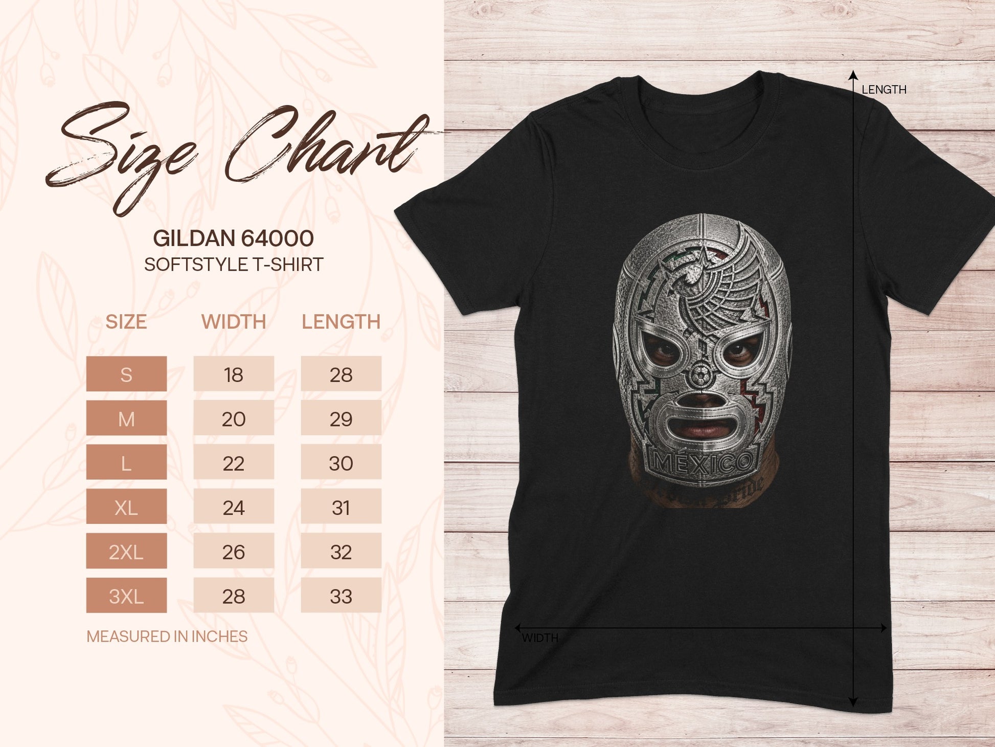 Gildan 64000 size chart with t-shirt dimensions and a wrestling mask.