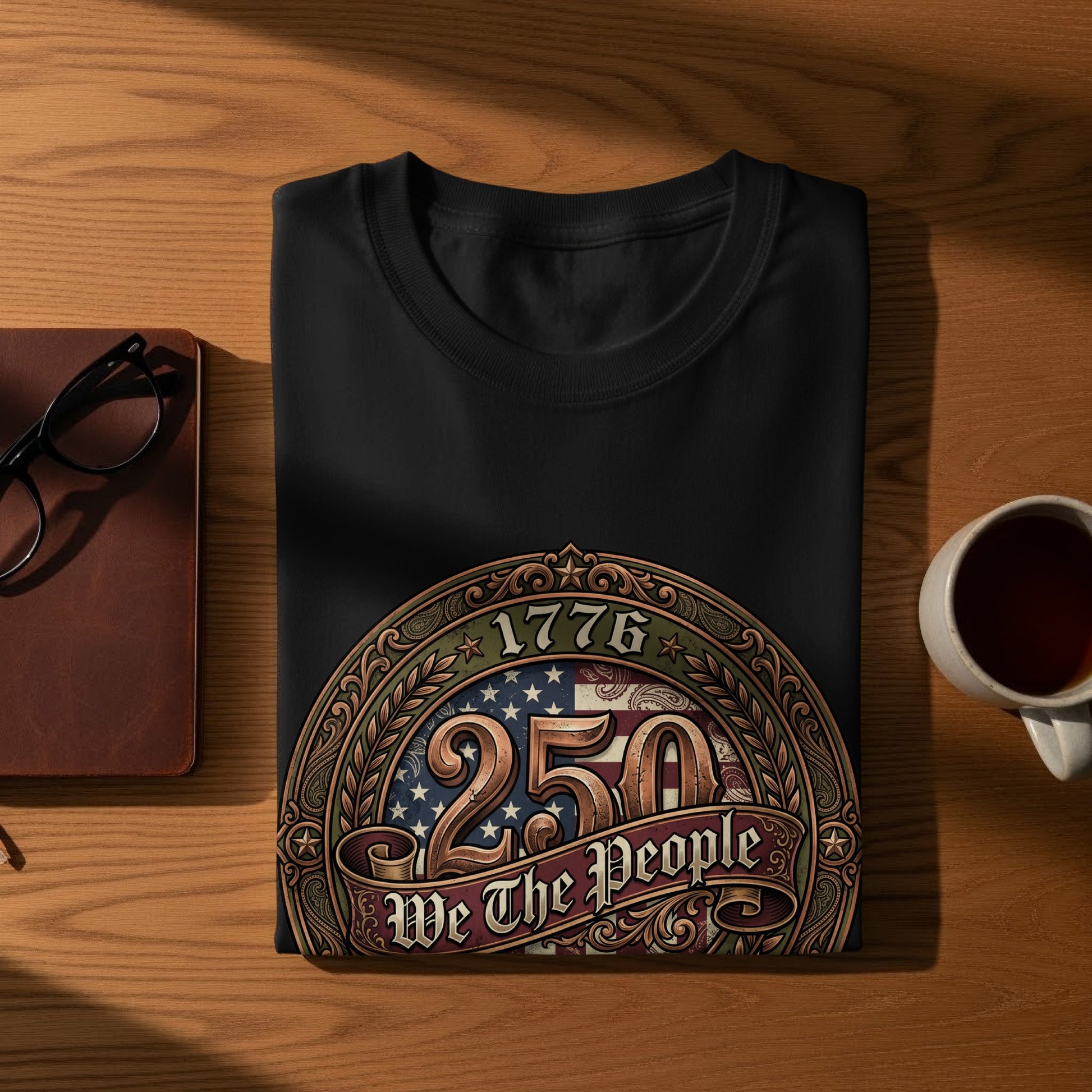 Black t-shirt with "1776 250 We The People" emblem.