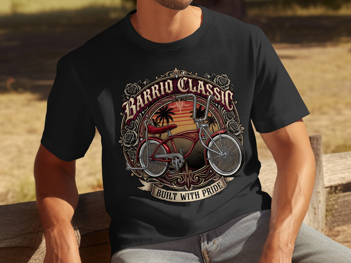 Black t-shirt featuring a vintage red bicycle graphic with "Barrio Classic" and "Built With Pride."