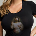 Black t-shirt with a print of Jesus Christ with his hand raised.
